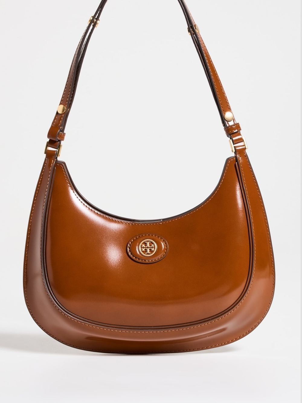 Tory Burch Cognac Leather Crescent Shoulder Bag with Gold Logo